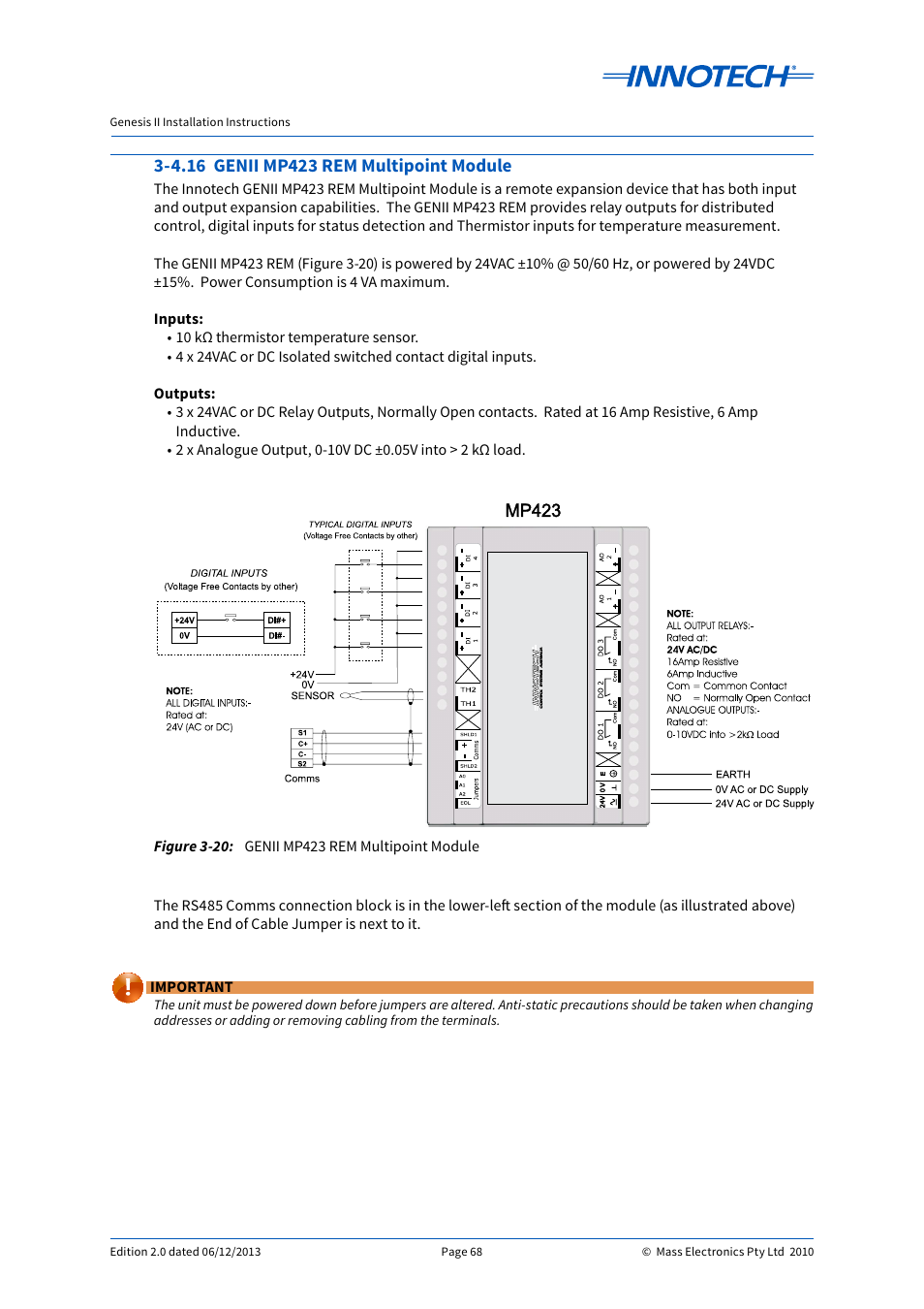 4.16 genii mp423 rem multipoint module, Genii mp423 rem multipoint module, E 3-20 | Innotech Genesis II Digital Controller (v5) User Manual | Page 68 / 124