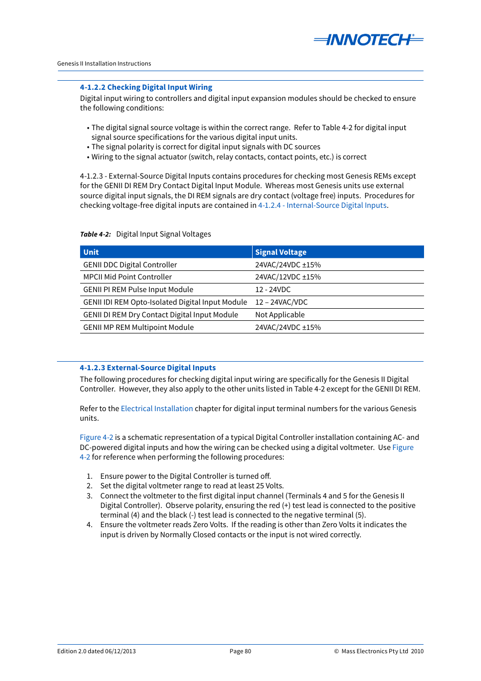 Digital input signal voltages | Innotech Genesis II Digital Controller (v5) User Manual | Page 80 / 124