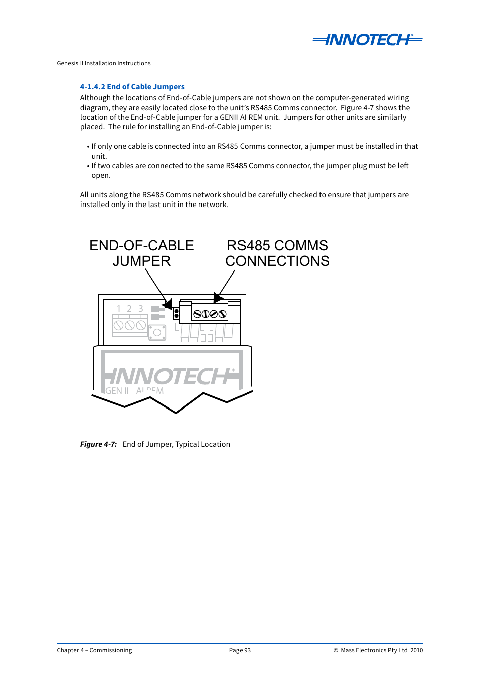 End of jumper, typical location, Rs485 comms connections end-of-cable jumper | Innotech Genesis II Digital Controller (v5) User Manual | Page 93 / 124