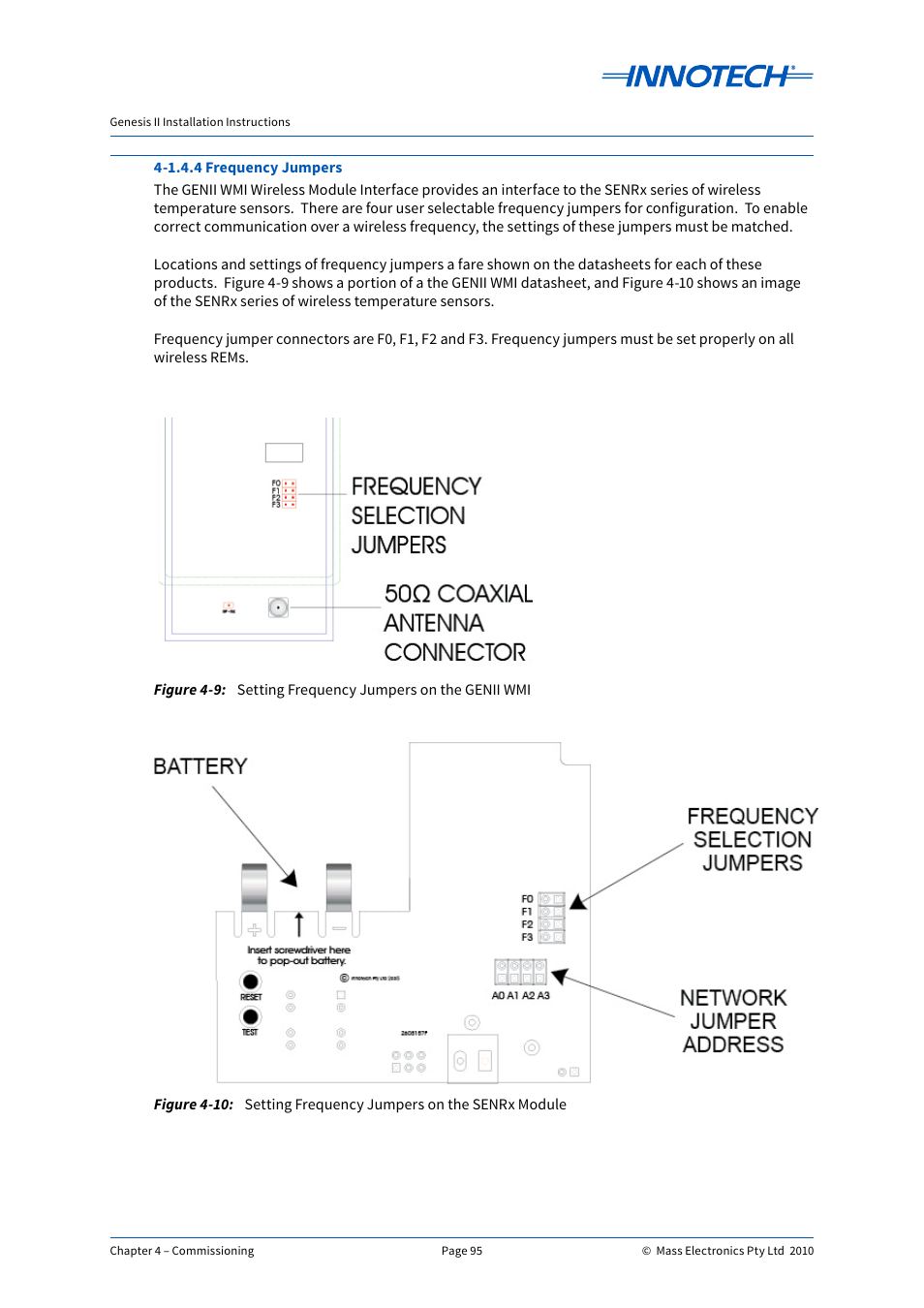 Setting frequency jumpers on the senrx module, Setting frequency jumpers on the genii wmi, E 4-10 | Innotech Genesis II Digital Controller (v5) User Manual | Page 95 / 124