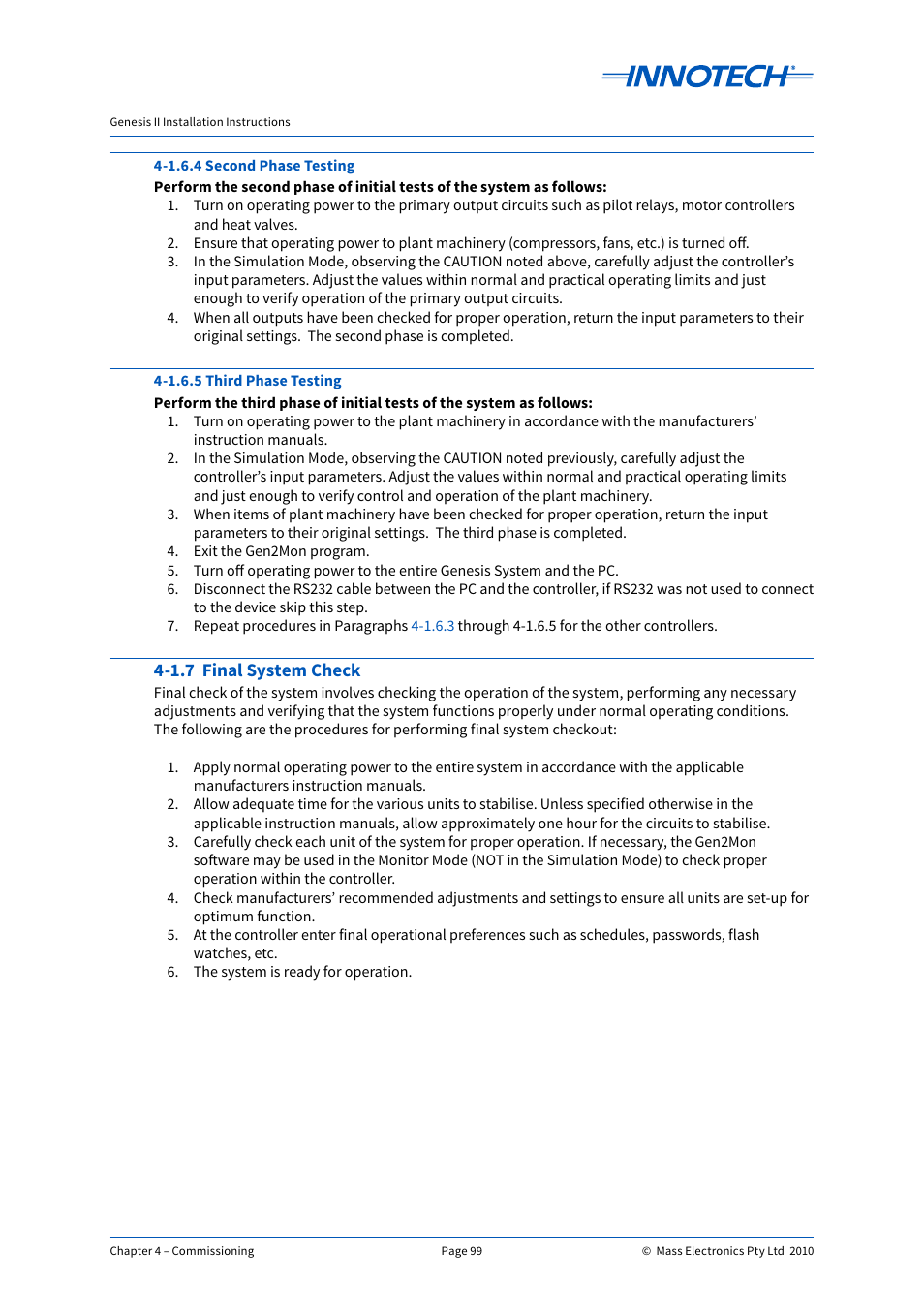 1.7 final system check | Innotech Genesis II Digital Controller (v5) User Manual | Page 99 / 124