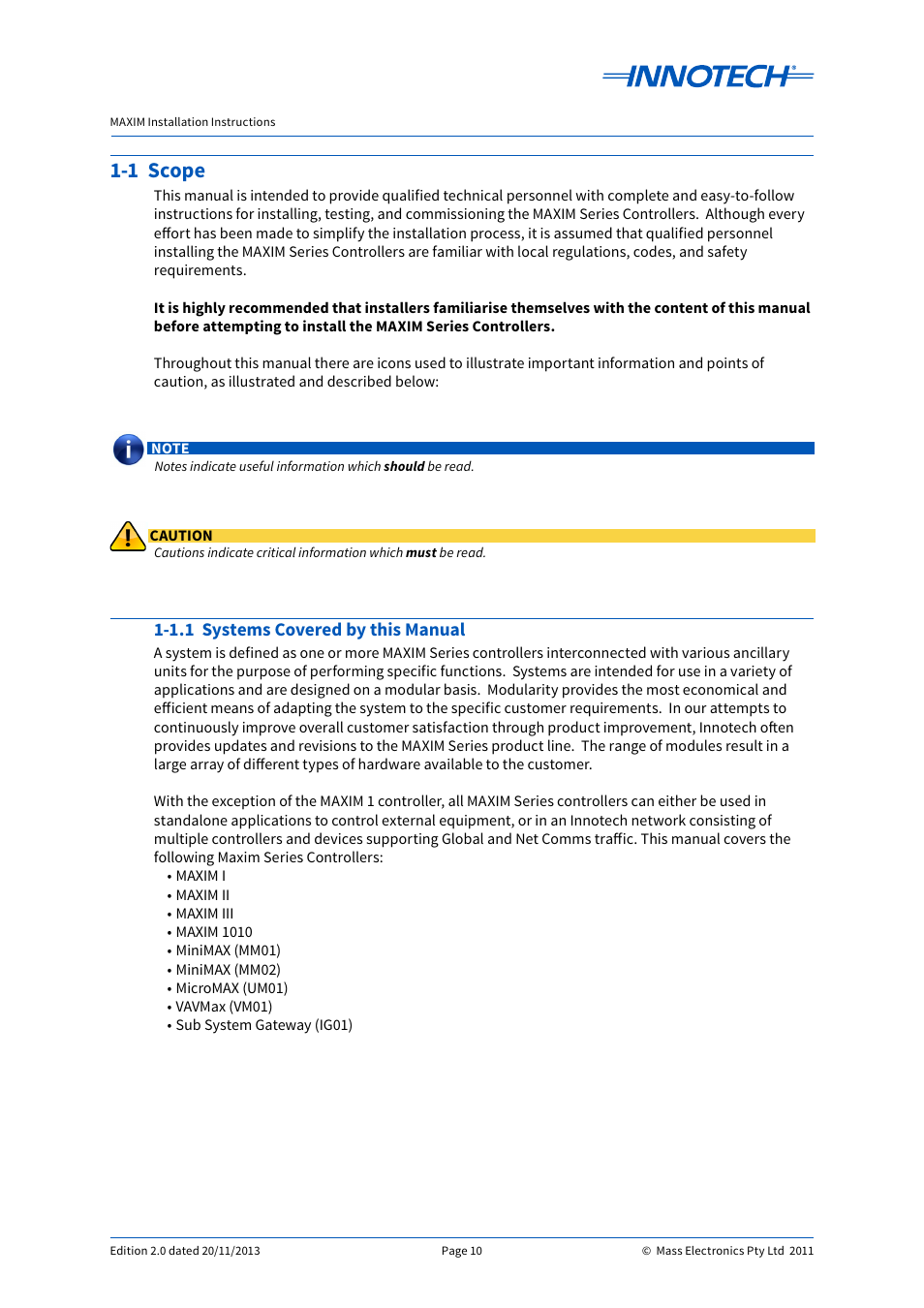 1 scope, 1.1 systems covered by this manual | Innotech Maxim User Manual | Page 10 / 60