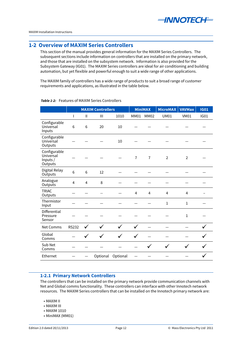 Features of maxim series controllers, 2 overview of maxim series controllers, 2.1 primary network controllers | Innotech Maxim User Manual | Page 12 / 60