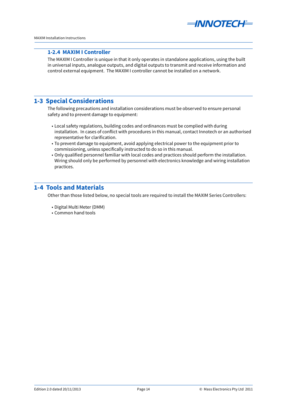 3 special considerations 1-4 tools and materials, 2.4 maxim i controller, 3 special considerations | 4 tools and materials | Innotech Maxim User Manual | Page 14 / 60