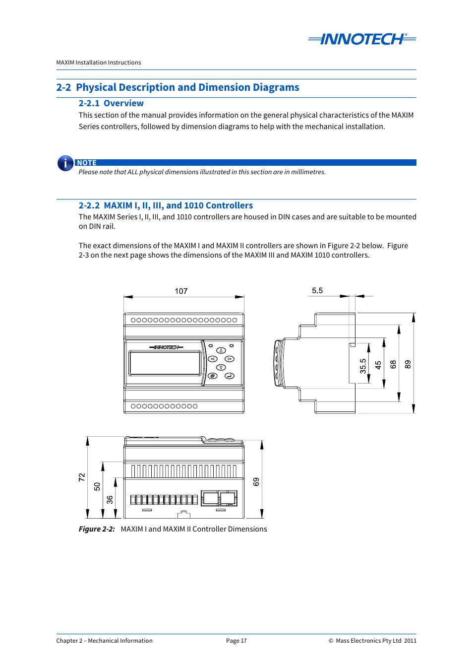 2 physical description and dimension diagrams | Innotech Maxim User Manual | Page 17 / 60