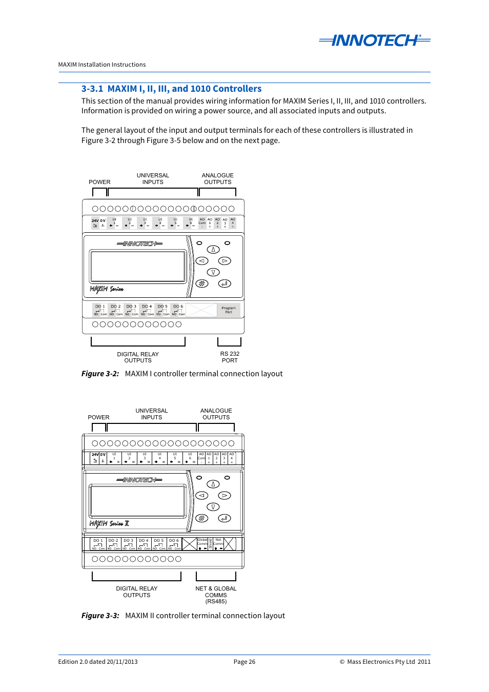 Maxim i controller terminal connection layout, Maxim ii controller terminal connection layout, 3.1 maxim i, ii, iii, and 1010 controllers | Innotech Maxim User Manual | Page 26 / 60