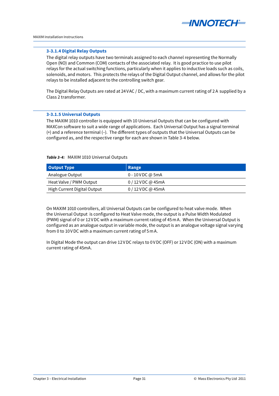 Maxim 1010 universal outputs | Innotech Maxim User Manual | Page 31 / 60