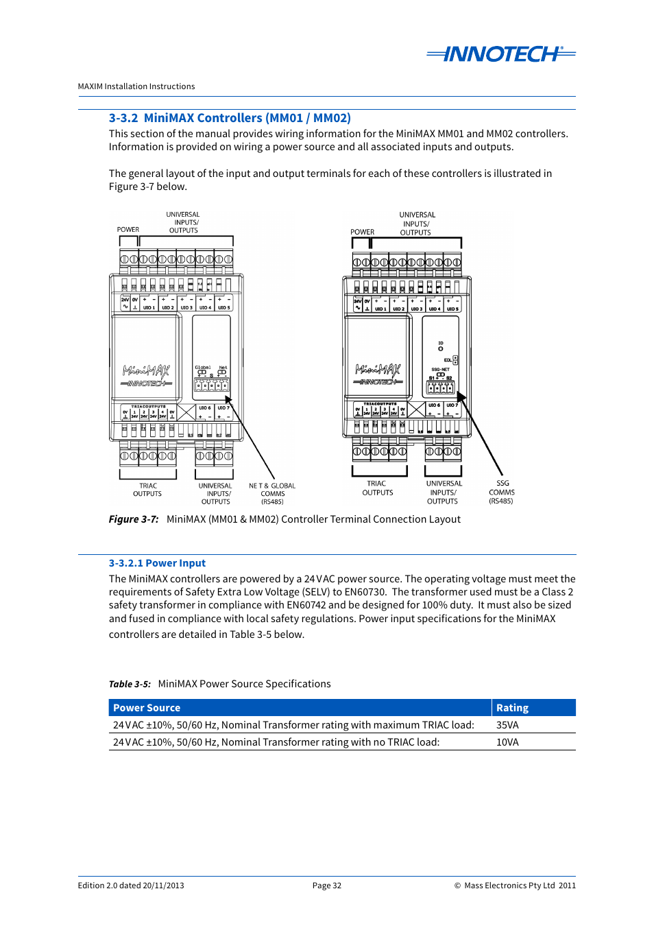 Minimax power source specifications, 3.2 minimax controllers (mm01 / mm02) | Innotech Maxim User Manual | Page 32 / 60
