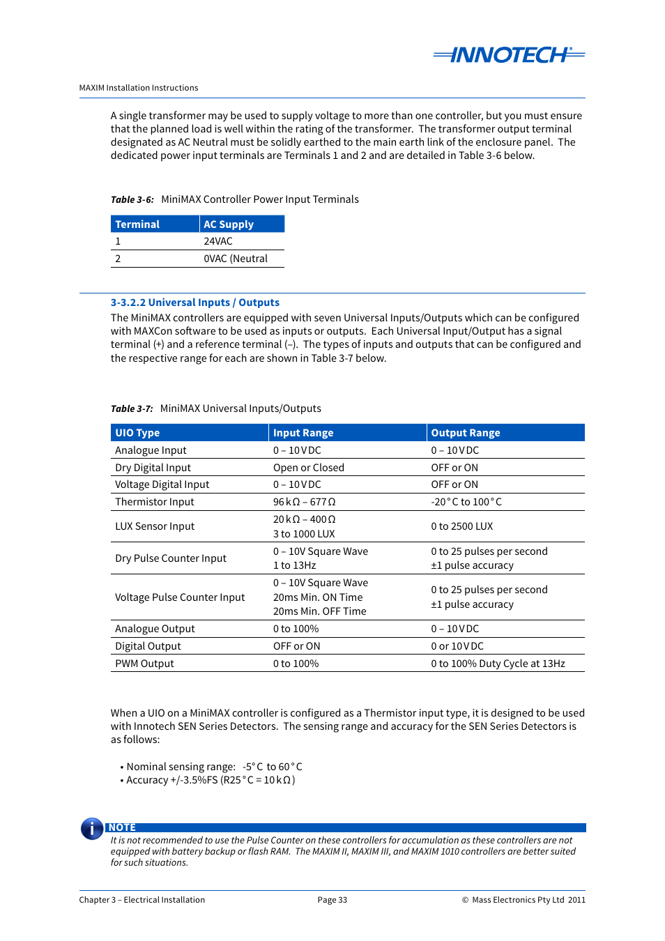 Minimax controller power input terminals, Minimax universal inputs/outputs | Innotech Maxim User Manual | Page 33 / 60