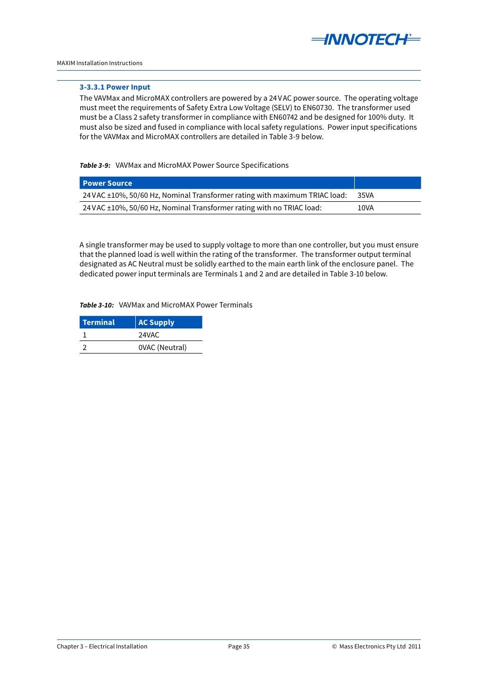 Vavmax and micromax power source specifications, Vavmax and micromax power terminals | Innotech Maxim User Manual | Page 35 / 60