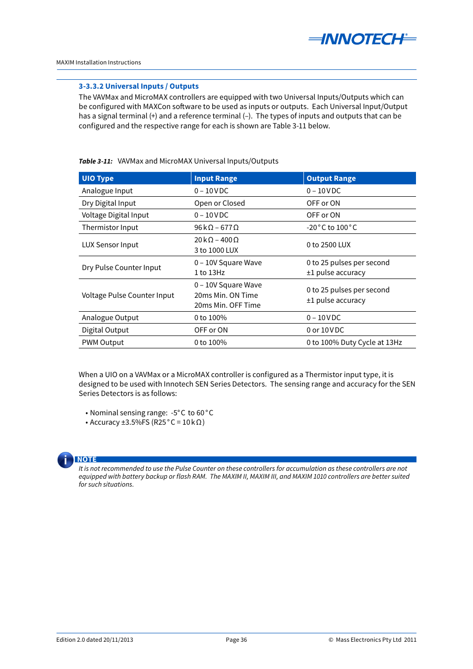 Vavmax and micromax universal inputs/outputs | Innotech Maxim User Manual | Page 36 / 60