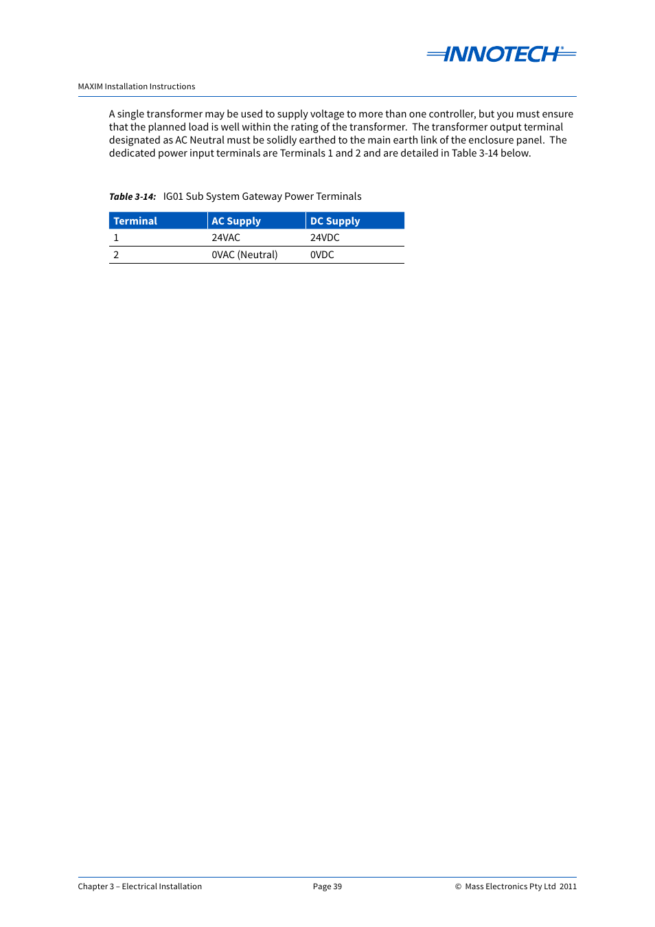 Ig01 sub system gateway power terminals | Innotech Maxim User Manual | Page 39 / 60