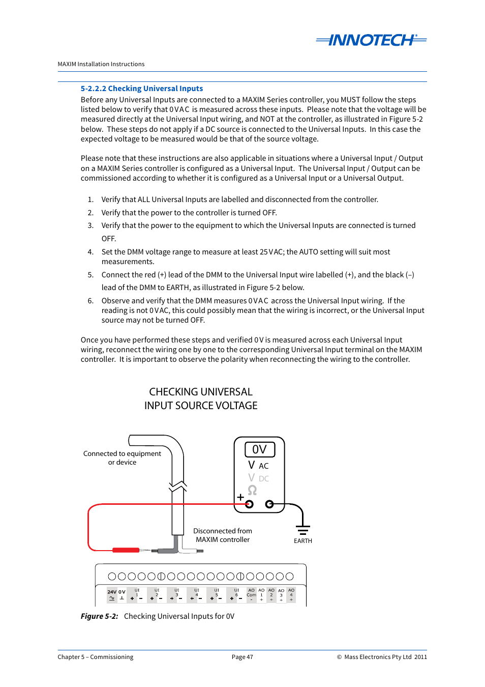 Checking universal inputs for 0v, Checking universal input source voltage | Innotech Maxim User Manual | Page 47 / 60