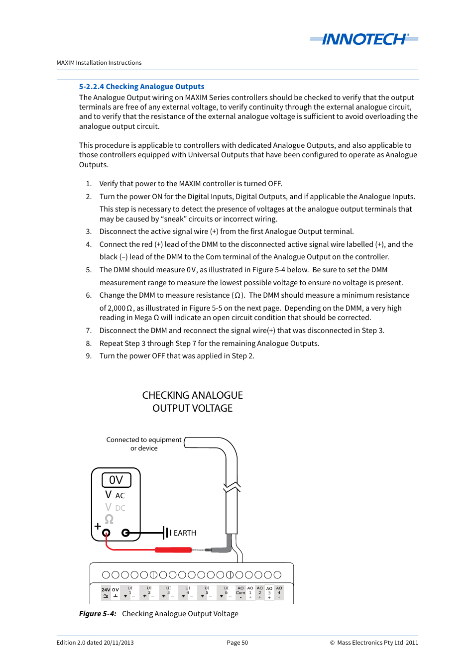 Checking analogue output voltage | Innotech Maxim User Manual | Page 50 / 60