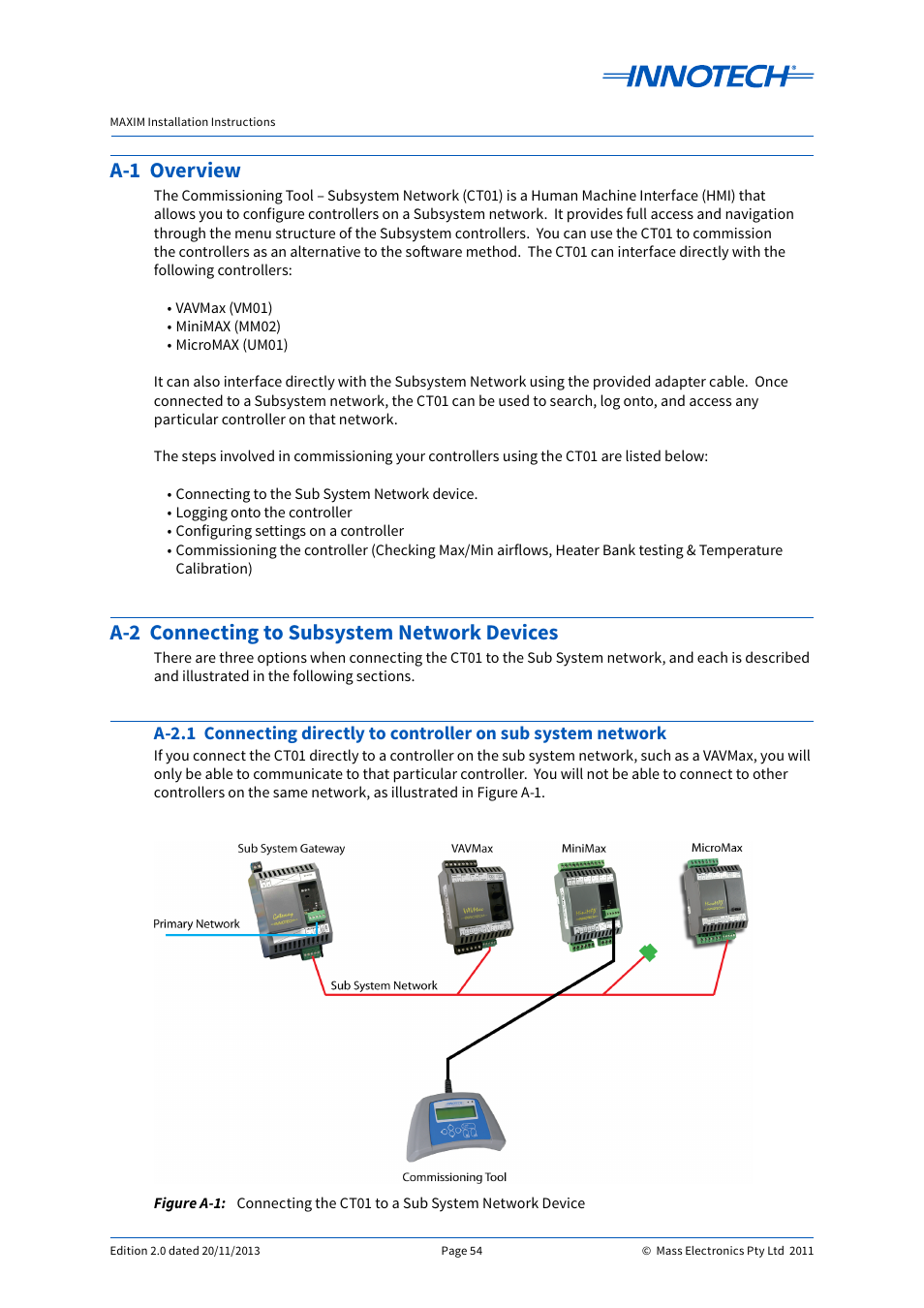 Connecting the ct01 to a sub system network device, A-1 overview, A-2 connecting to subsystem network devices | Innotech Maxim User Manual | Page 54 / 60