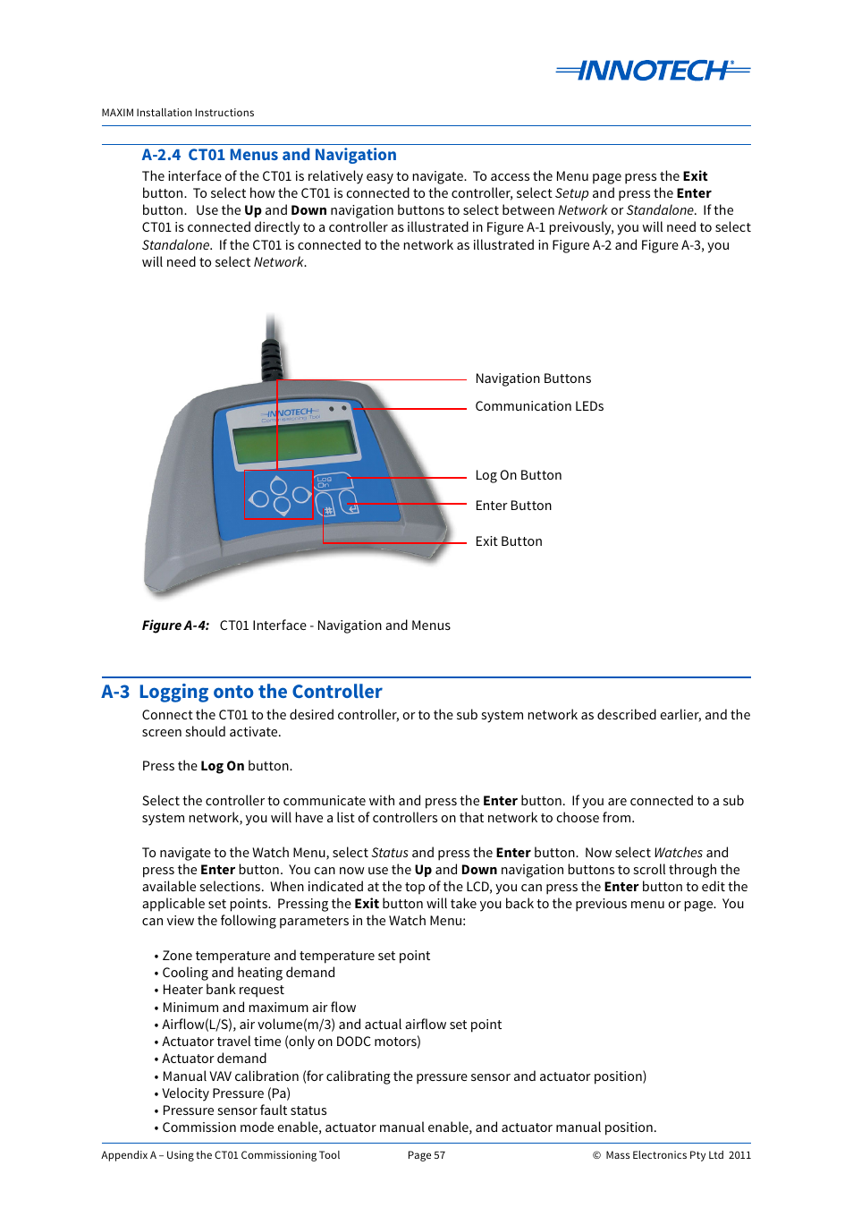 Ct01 interface - navigation and menus, A-2.4 ct01 menus and navigation, A-3 logging onto the controller | Innotech Maxim User Manual | Page 57 / 60