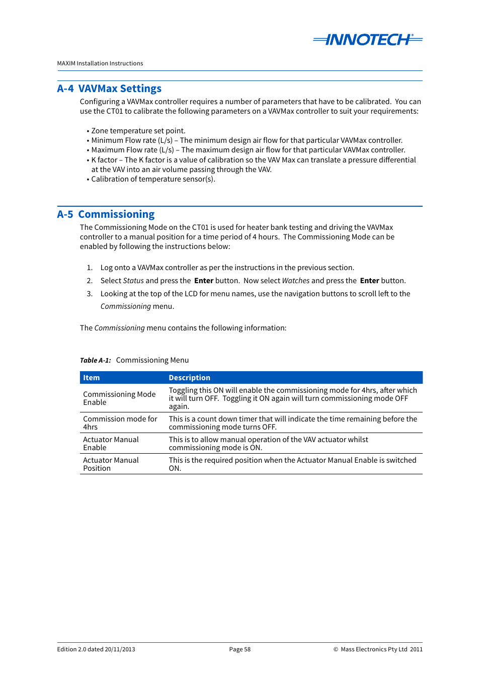 Commissioning menu, A-4 vavmax settings a-5 commissioning, A-4 vavmax settings | A-5 commissioning | Innotech Maxim User Manual | Page 58 / 60