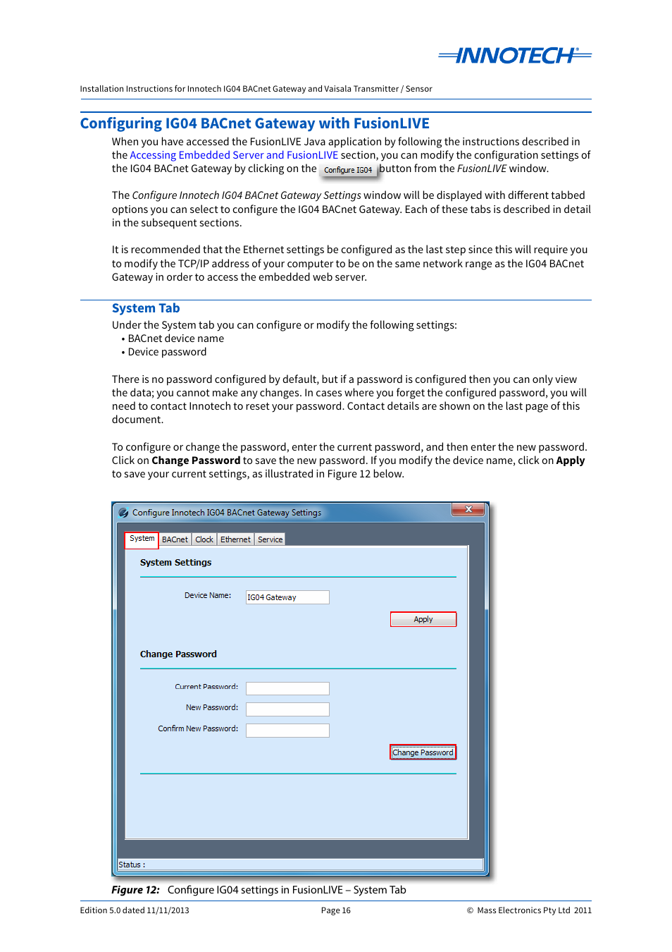 Configuring ig04 bacnet gateway with fusionlive, System tab | Innotech IG04 BACnet Gateway User Manual | Page 16 / 24