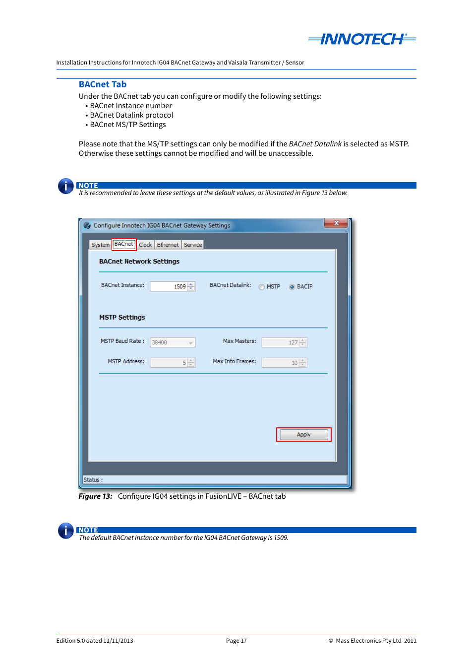 Bacnet tab | Innotech IG04 BACnet Gateway User Manual | Page 17 / 24