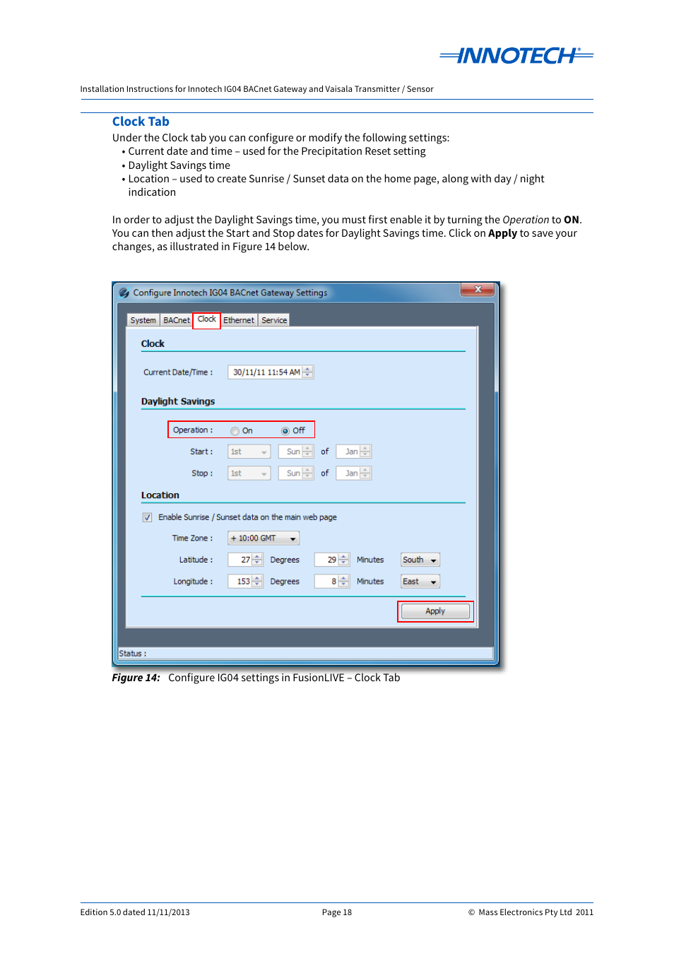 Clock tab | Innotech IG04 BACnet Gateway User Manual | Page 18 / 24