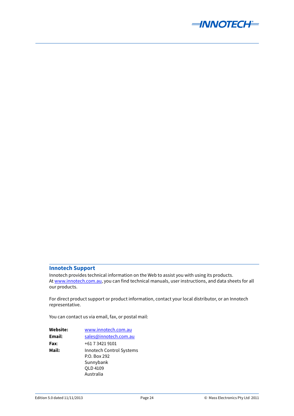 Customer assistance, Innotech support | Innotech IG04 BACnet Gateway User Manual | Page 24 / 24