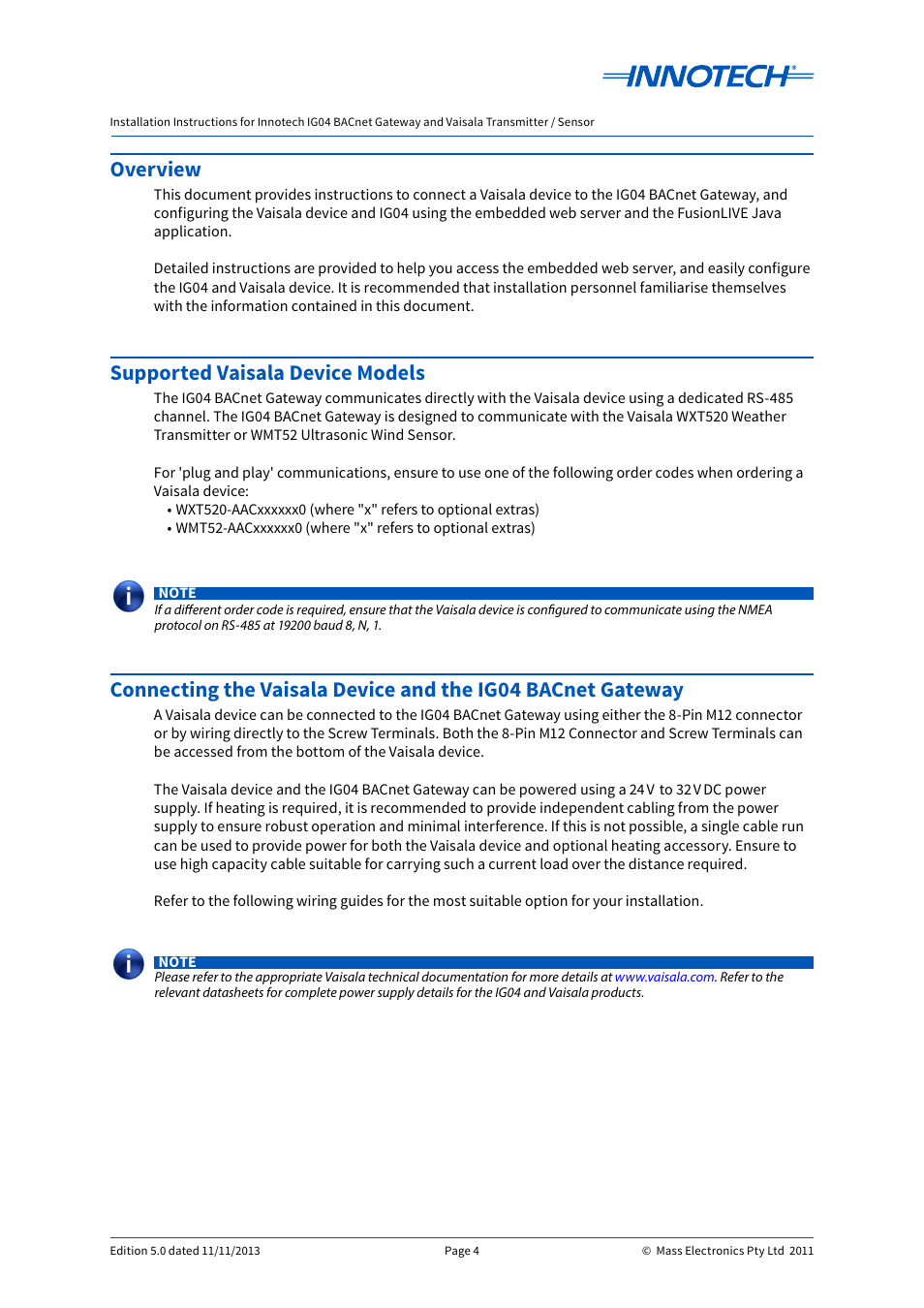 Overview, Supported vaisala device models | Innotech IG04 BACnet Gateway User Manual | Page 4 / 24