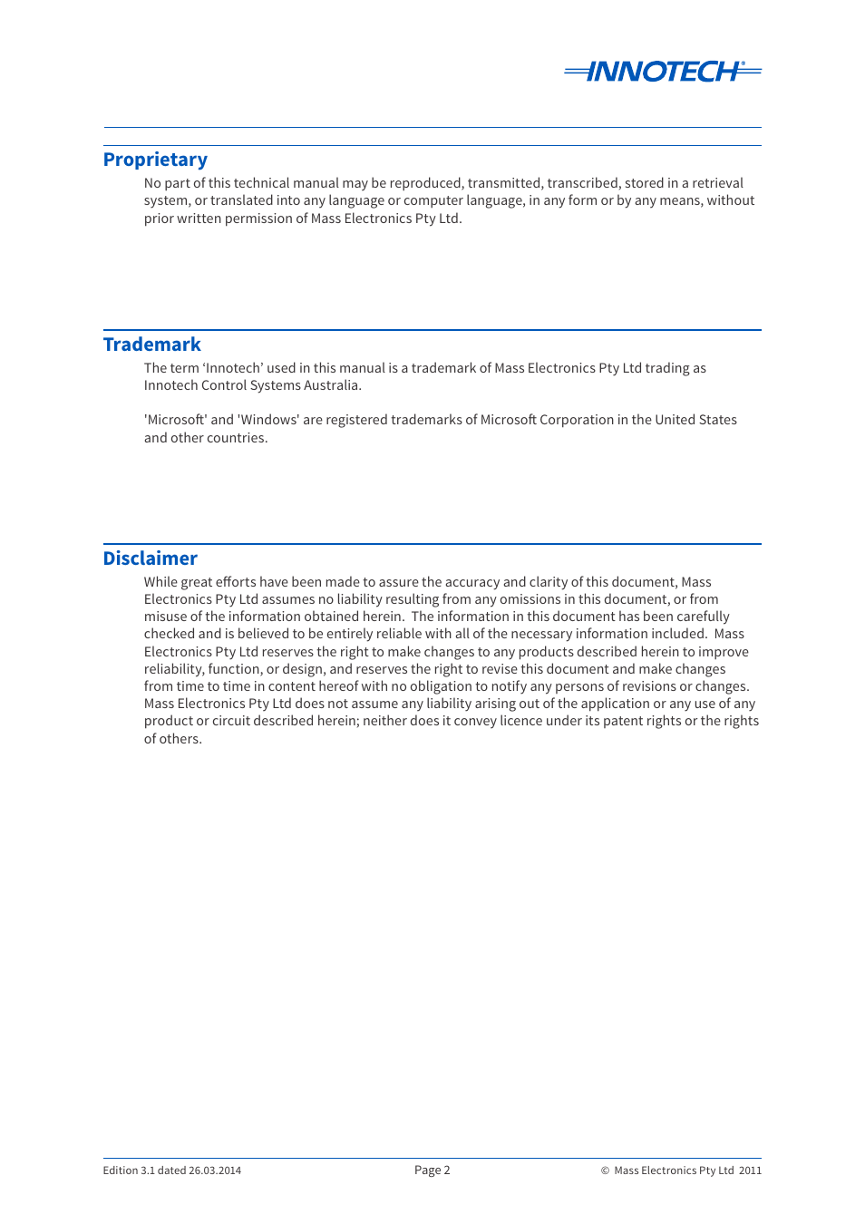 Proprietary, Trademark, Disclaimer | Innotech iSEA User Manual | Page 2 / 44