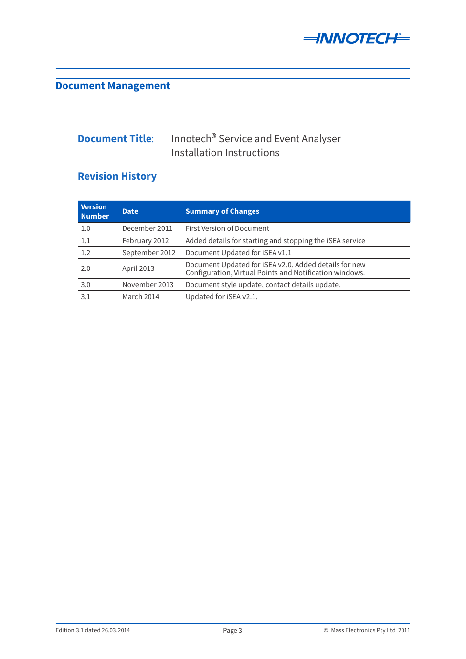 Document management document title | Innotech iSEA User Manual | Page 3 / 44