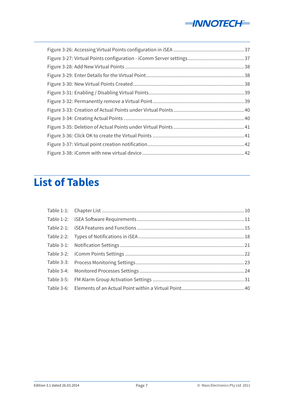List of tables | Innotech iSEA User Manual | Page 7 / 44