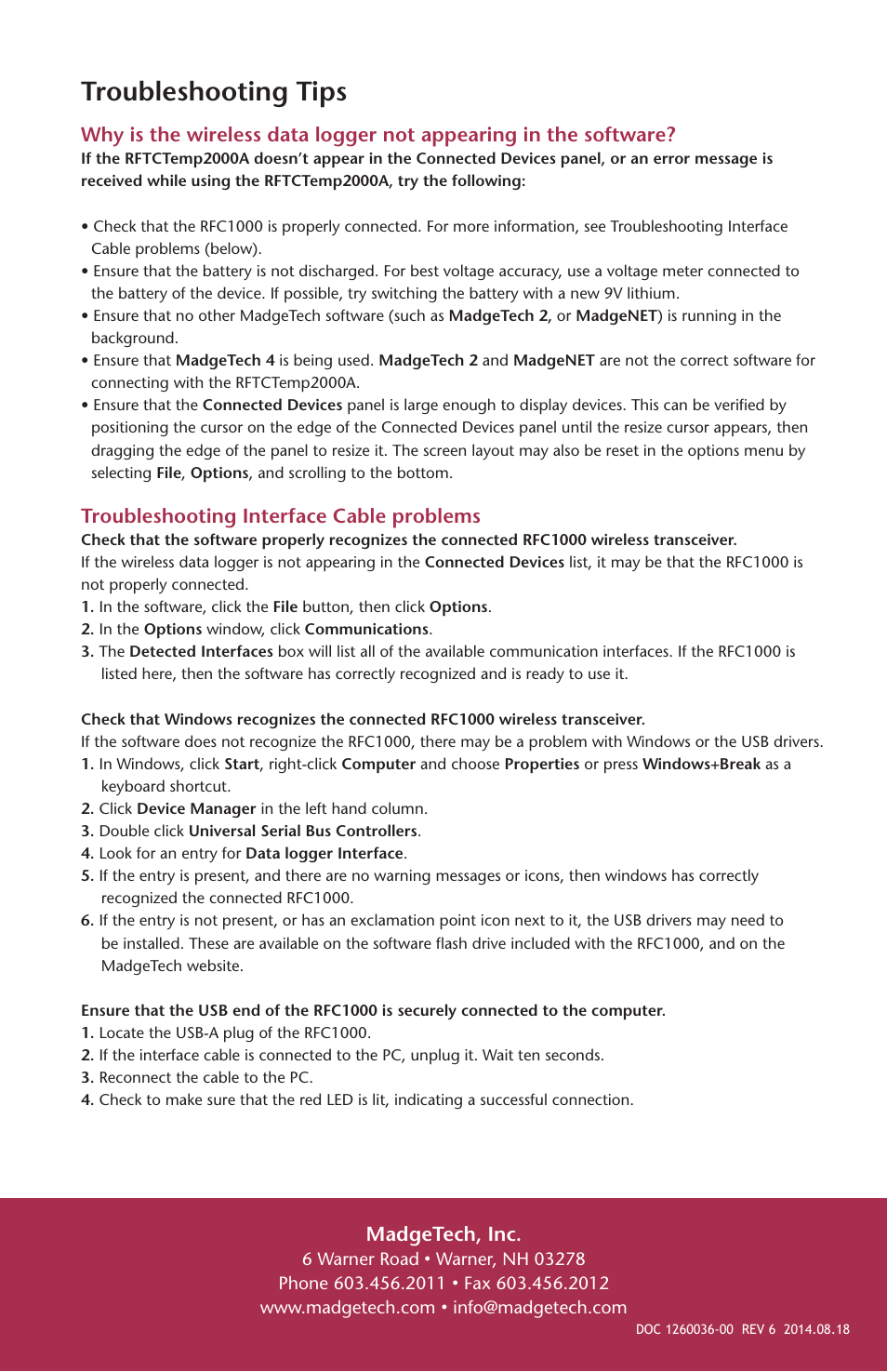 Troubleshooting tips, Troubleshooting interface cable problems, Madgetech, inc | MadgeTech RFTCTemp2000A User Manual | Page 16 / 16