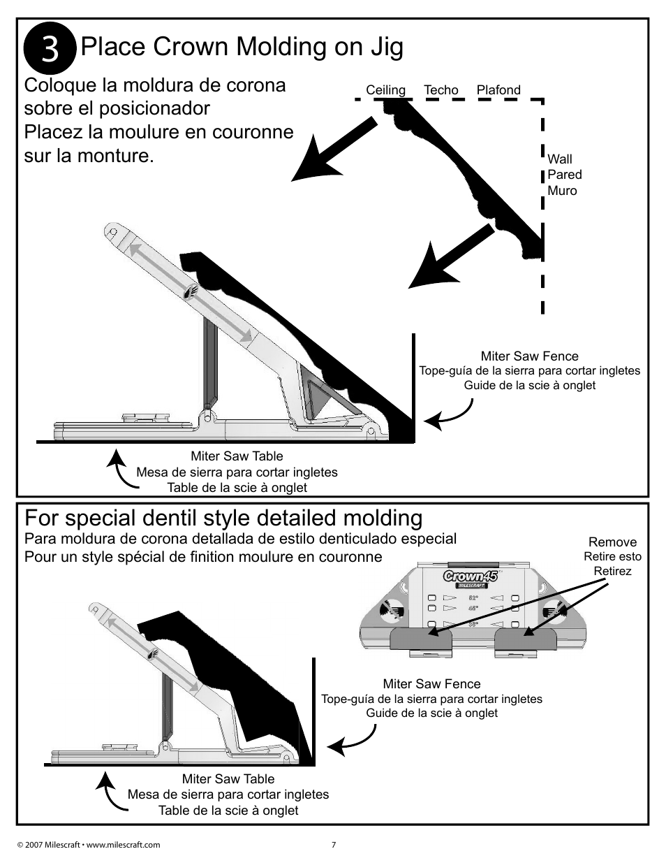 Place crown molding on jig, For special dentil style detailed molding | Milescraft 1405 - Crown45 User Manual | Page 7 / 8