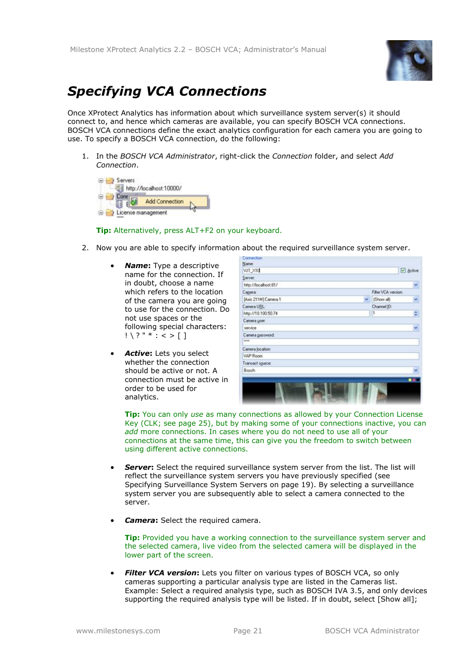 Specifying vca connections | Milestone Analytics 2.2 BOSCH VCA User Manual | Page 21 / 38