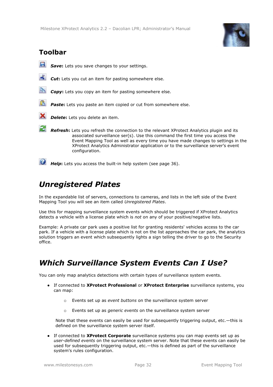 Toolbar, Unregistered plates, Which surveillance system events can i use | Milestone Analytics 2.2 Dacolian LPR User Manual | Page 32 / 49