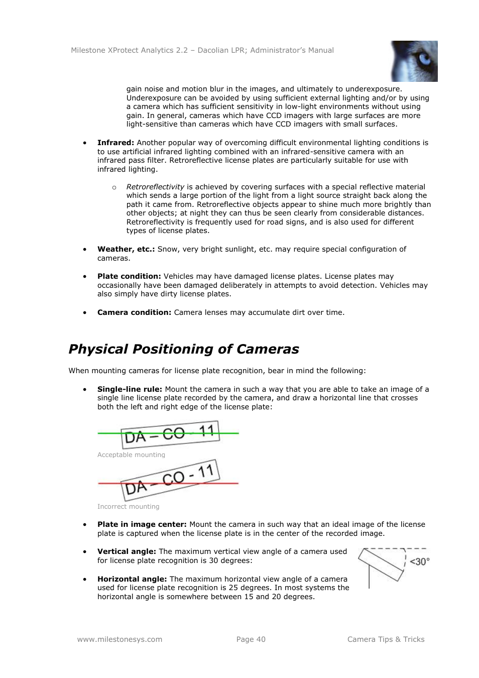 Physical positioning of cameras | Milestone Analytics 2.2 Dacolian LPR User Manual | Page 40 / 49