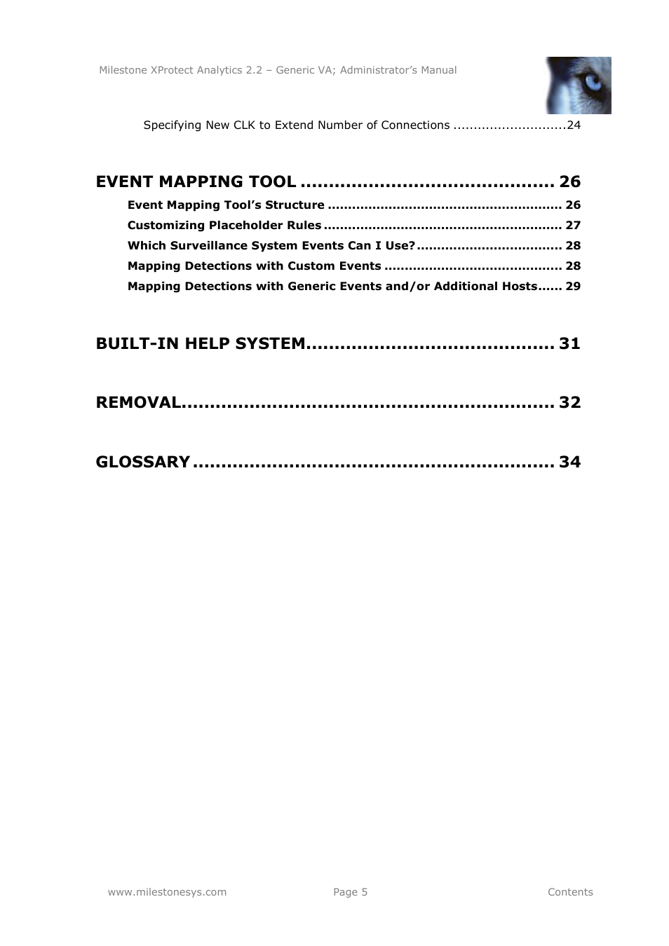 Event mapping tool, Built-in help system, Removal | Glossary | Milestone Analytics 2.2 Generic VA User Manual | Page 5 / 38
