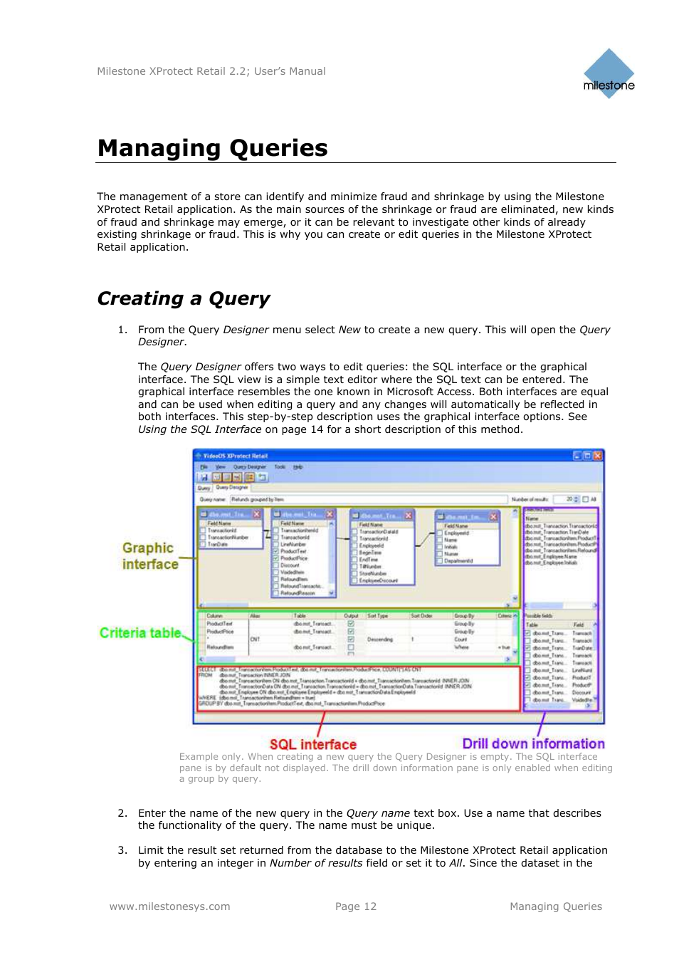 Managing queries, Creating a query | Milestone Retail 2.2 User Manual | Page 12 / 18