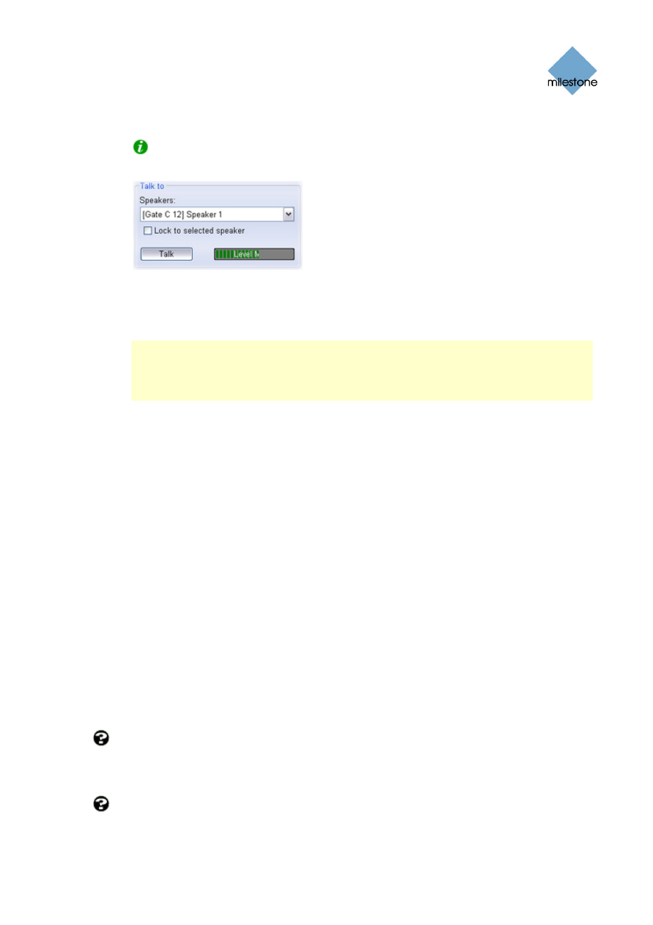 Lock to selected speaker, Talking through multiple speakers simultaneously, Frequently asked questions about live audio | Milestone Smart Client 3.6 User Manual | Page 64 / 115