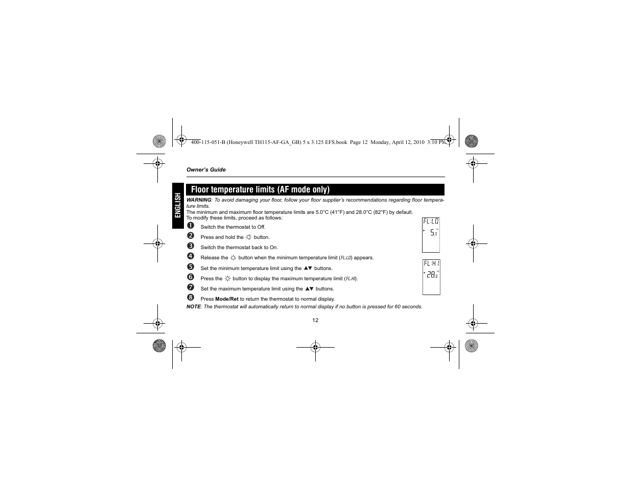 Floor temperature limits (af mode only) | Ouellet TH115 User Manual | Page 14 / 27