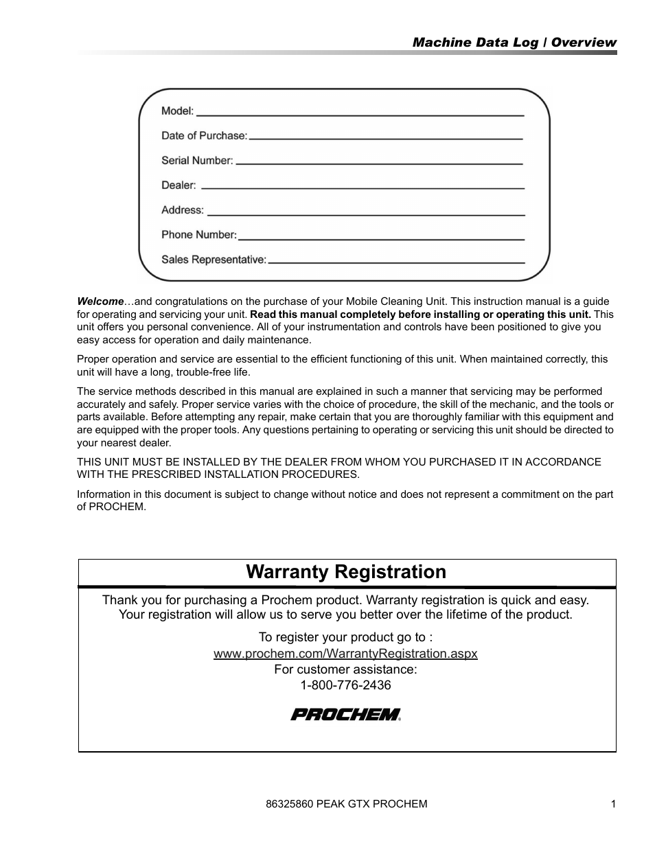 Warranty registration | Prochem Peak GTX User Manual | Page 3 / 140