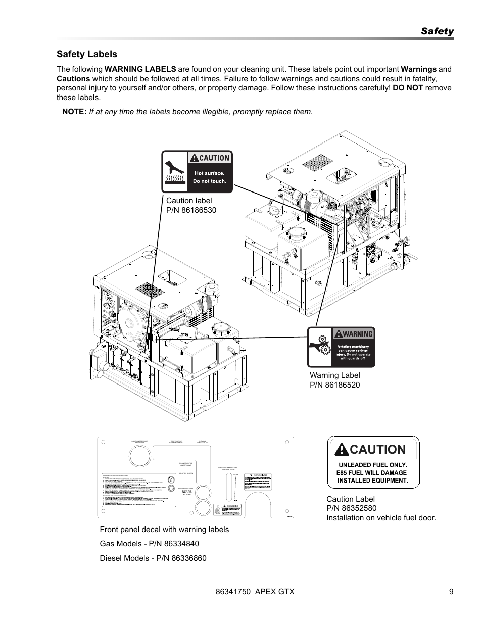 Caution, Safety labels, Safety | Prochem Apex GTX User Manual | Page 11 / 166