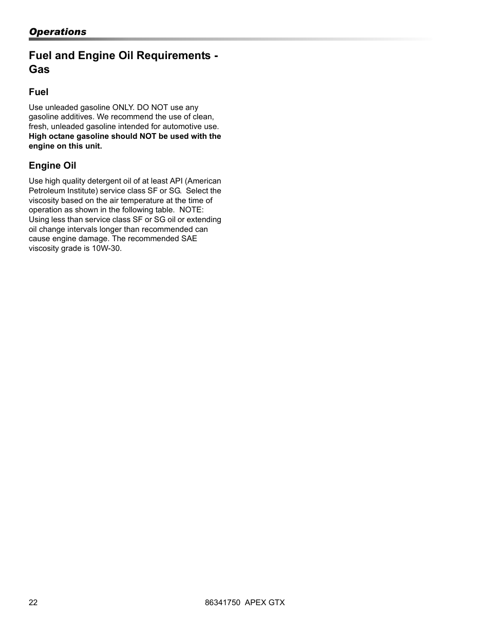Fuel and engine oil requirements - gas | Prochem Apex GTX User Manual | Page 24 / 166