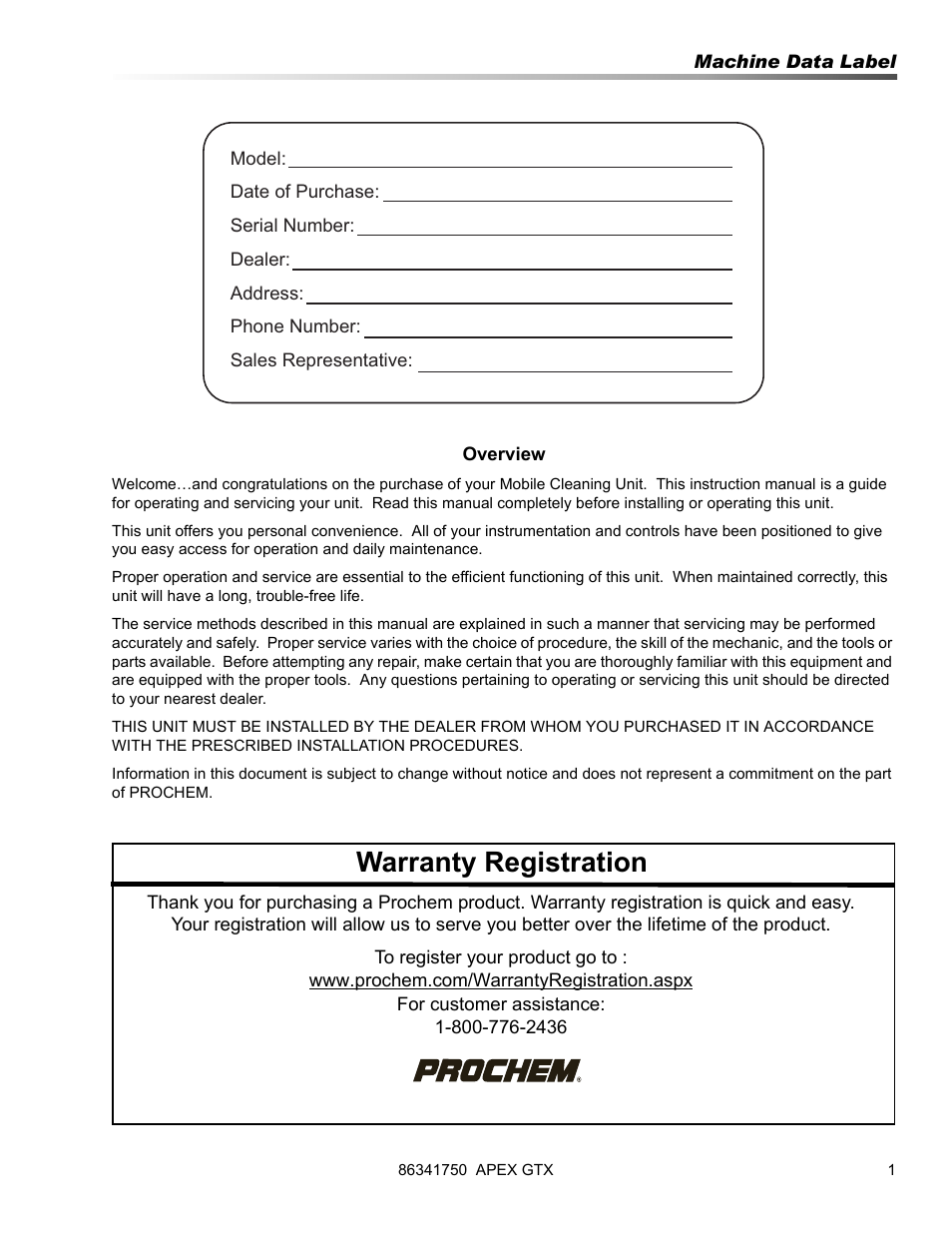 Warranty registration | Prochem Apex GTX User Manual | Page 3 / 166