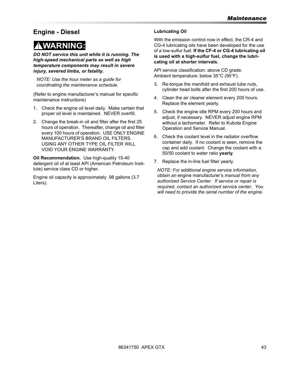 Engine - diesel | Prochem Apex GTX User Manual | Page 45 / 166