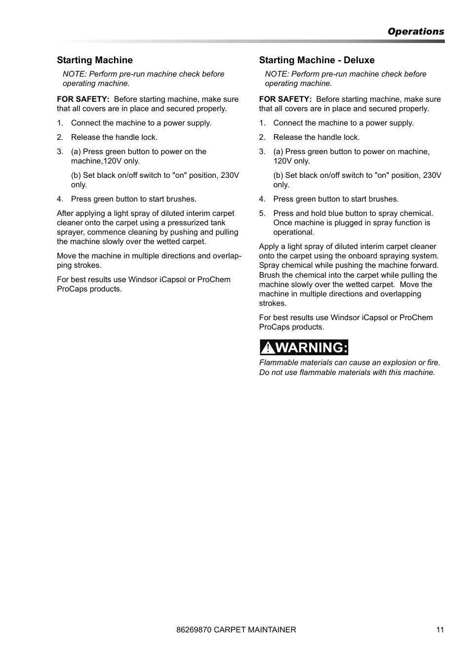 Operations starting machine, Starting machine - deluxe | Prochem ProCaps Deluxe User Manual | Page 11 / 55