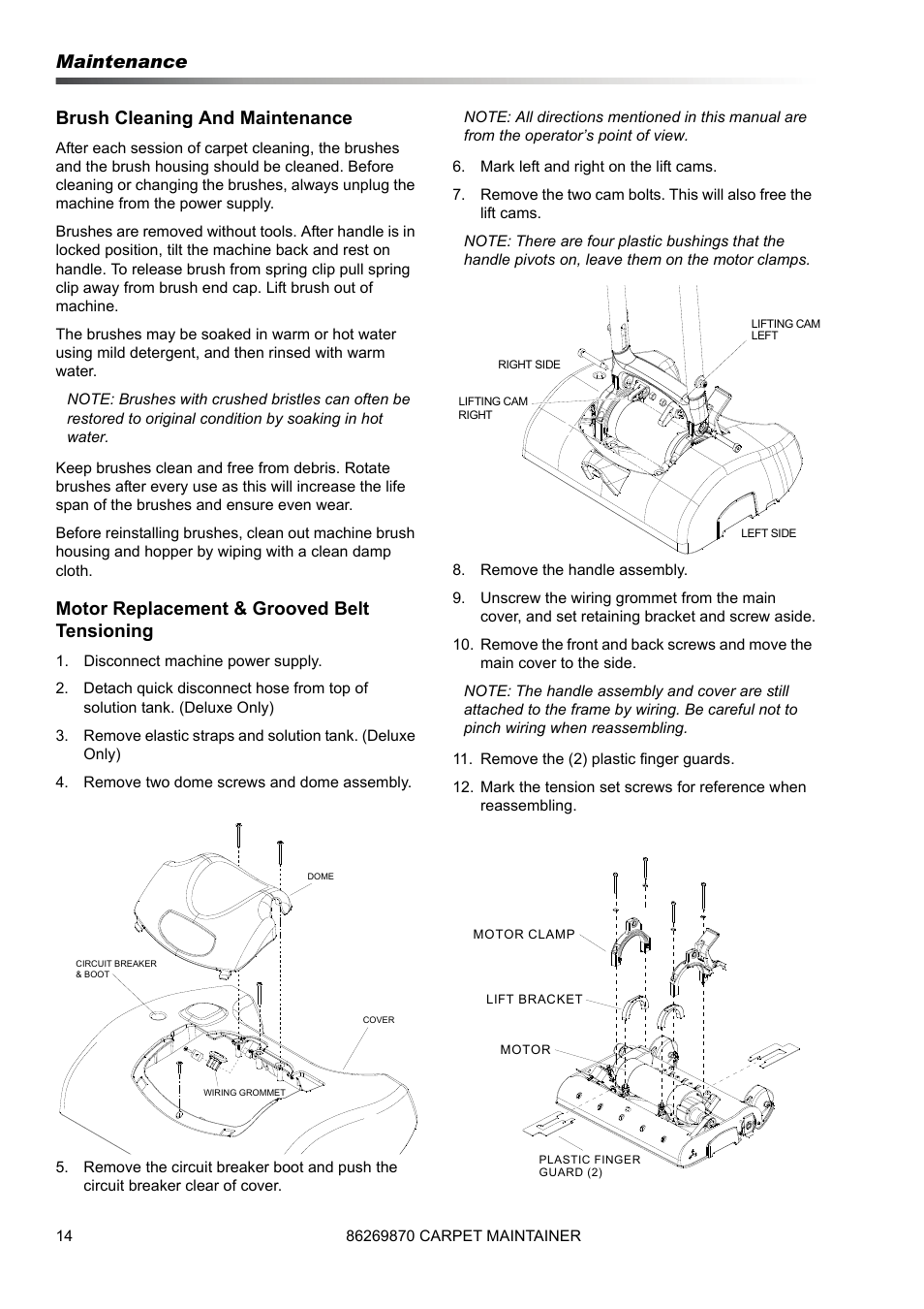 Maintenance brush cleaning and maintenance, Motor replacement & grooved belt tensioning | Prochem ProCaps Deluxe User Manual | Page 14 / 55