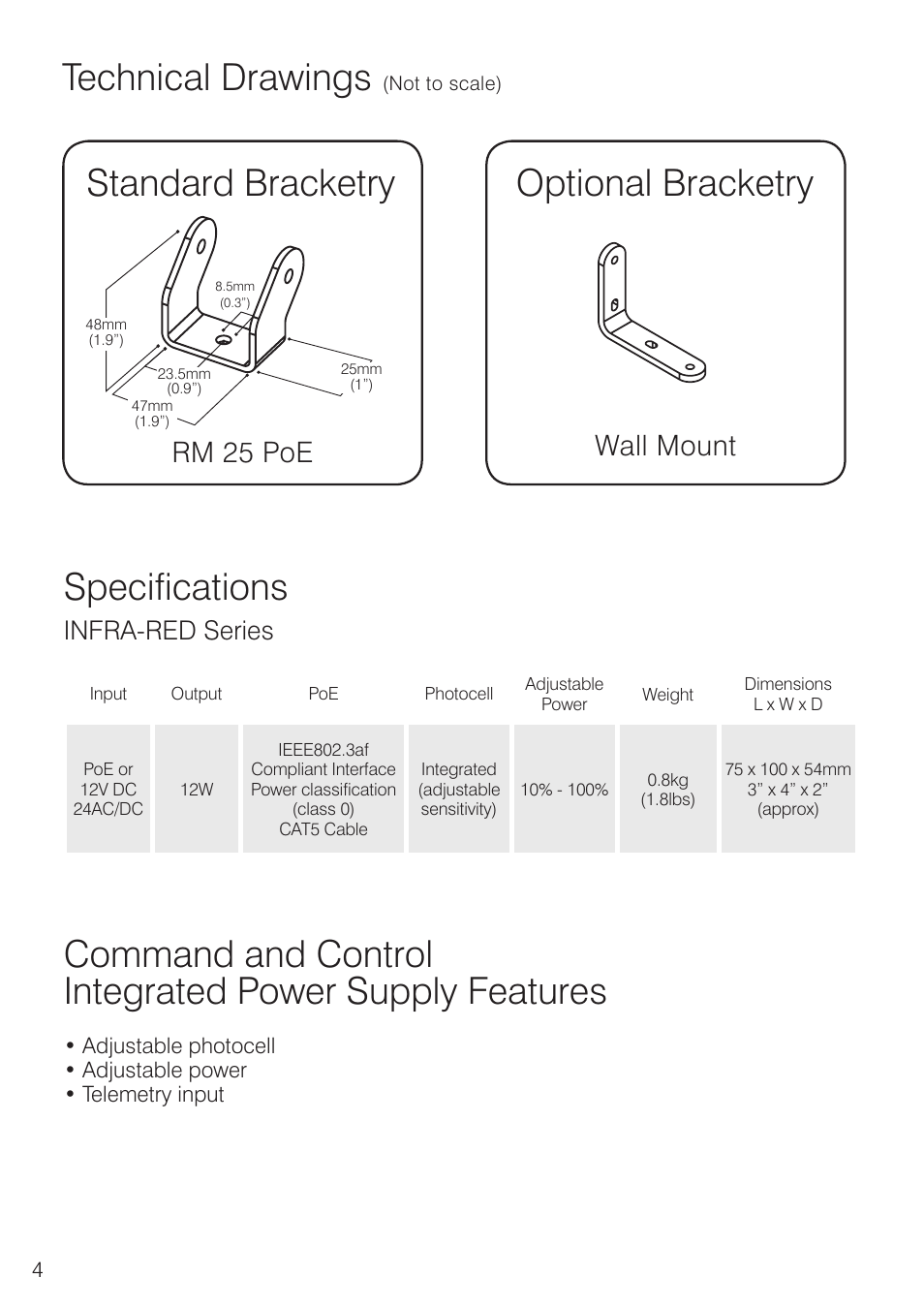 Technical drawings, Optional bracketry, Standard bracketry | Specifications, Wall mount, Rm 25 poe, Infra-red series | Raytec RAYMAX 25 PoE User Manual | Page 4 / 6