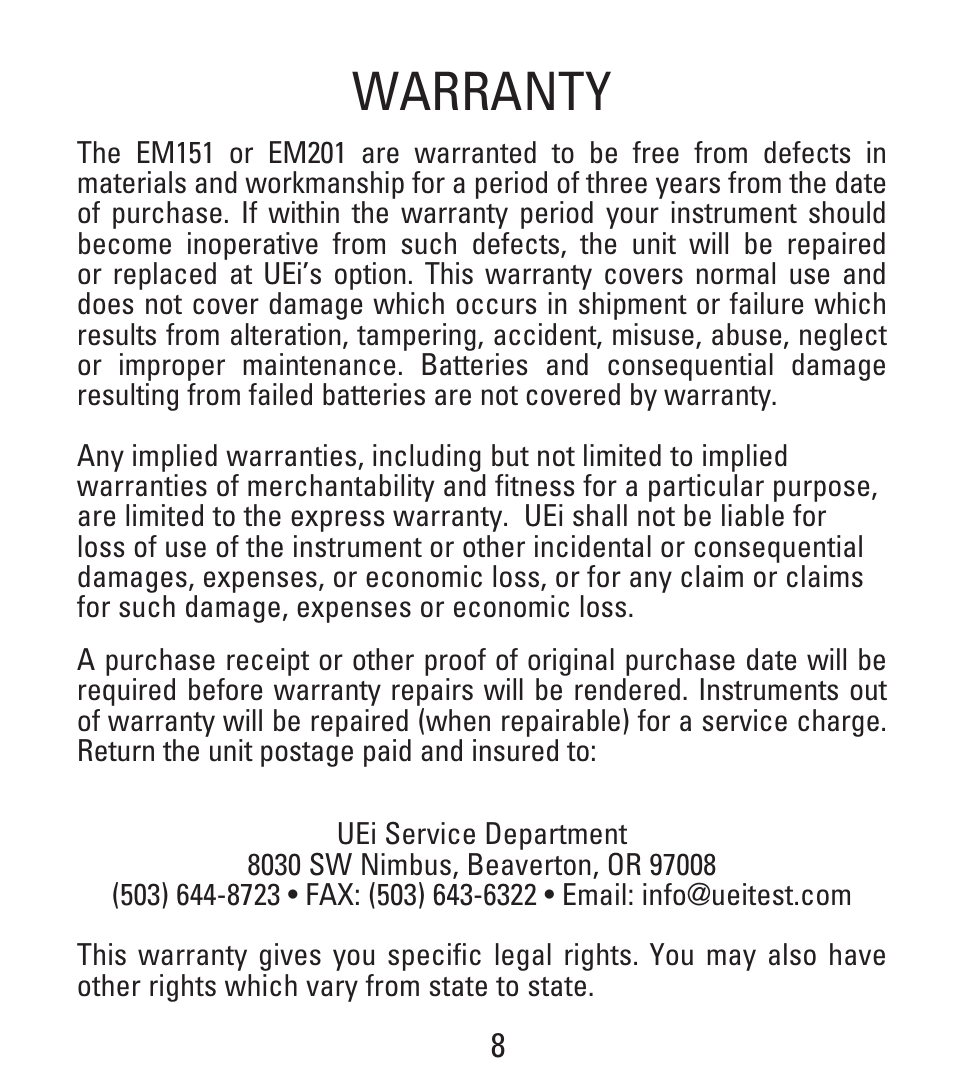 Warranty | UEi Test Instruments EM201SPKIT User Manual | Page 9 / 12
