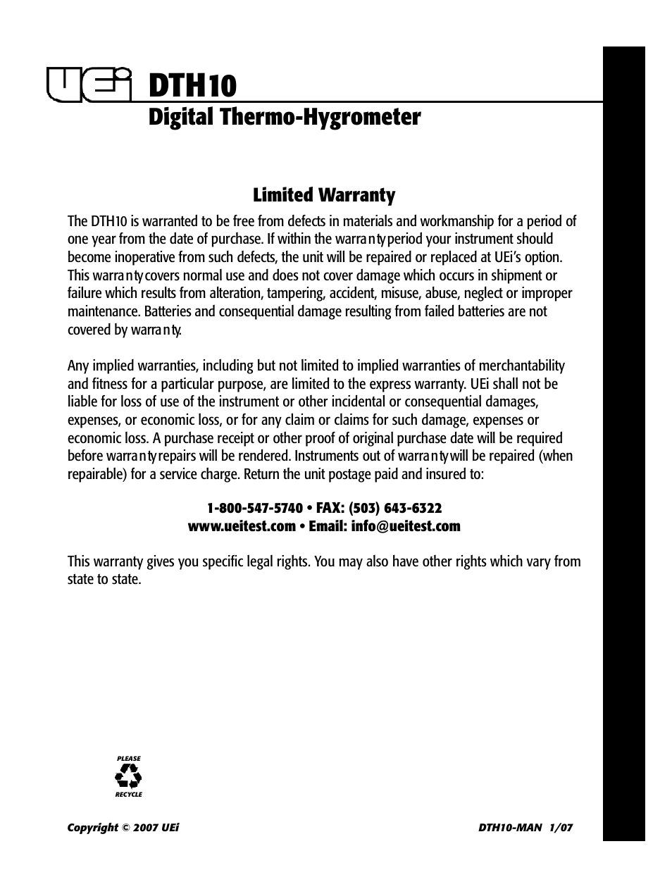 Dth10, Digital thermo-hygrometer, Limited warranty | UEi Test Instruments DTH10 User Manual | Page 3 / 3