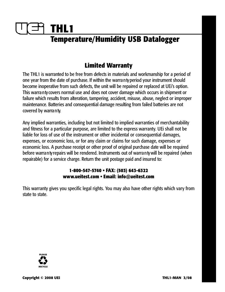 Thl1, Temperature/humidity usb datalogger, Limited warranty | UEi Test Instruments THL1 User Manual | Page 5 / 5