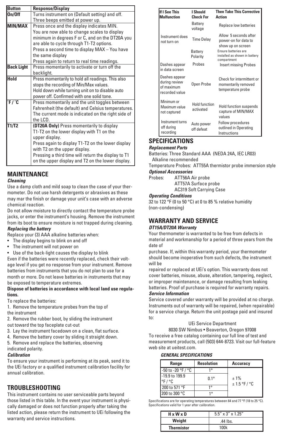 Maintenance, Troubleshooting, Specifications | Warranty and service | UEi Test Instruments DT20A User Manual | Page 2 / 2